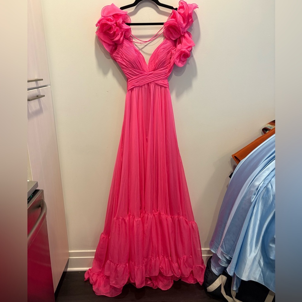 Mac Duggal Vibrant Fuchsia Ruffled Sleeve Maxi Gown